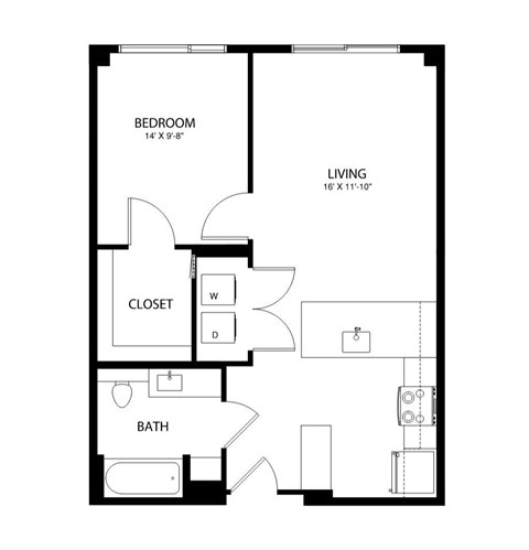 A black and white image of a floor plan for a bedroom, living room, closet, and bathroom.